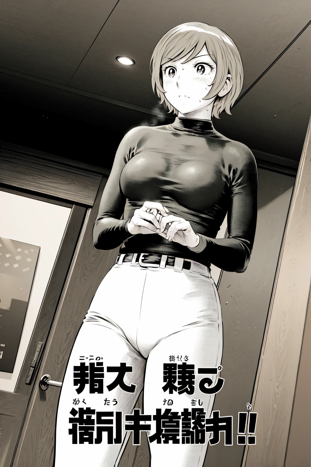 、(masterpiece、Highest quality)、Highest quality, Ultra-high resolution, (((masterpiece))), alone, Sweat、Big eyes,Tight black shirt、Tight white pants、belt、indoor、Composition from the front、(Cut the back hair short、short hair、blonde、woman)、Shortcuts、Embarrassed face、Cut your hair short、可愛いwomanの子、Big Breasts、office