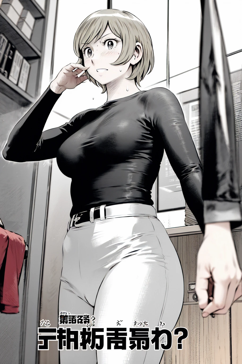 、(masterpiece、Highest quality)、Highest quality, Ultra-high resolution, (((masterpiece))), alone, Sweat、Big eyes,Tight black shirt、Tight white pants、belt、indoor、Composition from the front、(Cut the back hair short、short hair、blonde、woman)、Shortcuts、Embarrassed face、Cut your hair short、可愛いwomanの子、Big Breasts、office