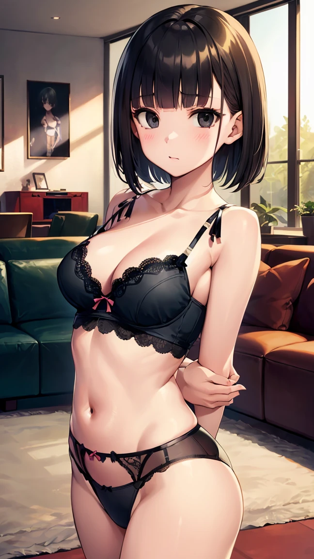 full body, high resolution, extremely detailed CG, unity 8k wallpaper, super detailed skin, perfect anatomy, detailed, cinematic lighting, dynamic lighting, beautiful detailed eyes, one girl, cowboy shot, (black short hair, blunt bangs, black eyes:1.5), (arms behind back:1.6), (evil eye:1), (beautiful girl, delicate girl:1.5), (young girl:1.8), curvy body, extremely fine-grained clarity, (symmetrical eyes:1.3), (lingerie:1.4), breasts, (Eye and face details:1.0), gleaming skin, looking at viewer, (livingroom:1.7)