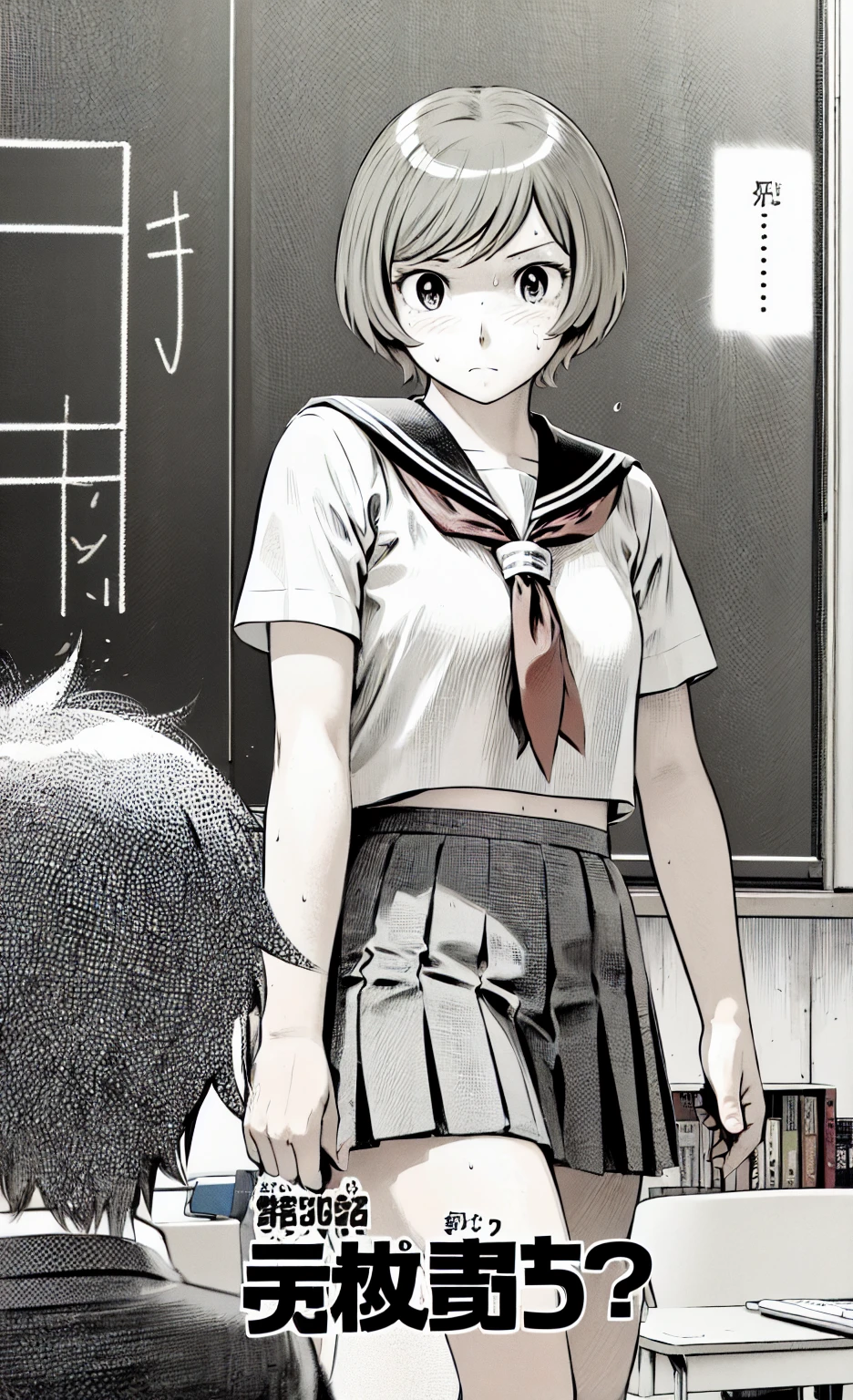 、(masterpiece、Highest quality)、Highest quality, Ultra-high resolution, (((masterpiece))), alone, Sweat、Big eyes, Composition from the front、Shortcuts、Embarrassed face、Blonde、Cut your hair short、Monochrome、Pencil drawing、School classroom、Sailor suit、uniform、skirt、short hair