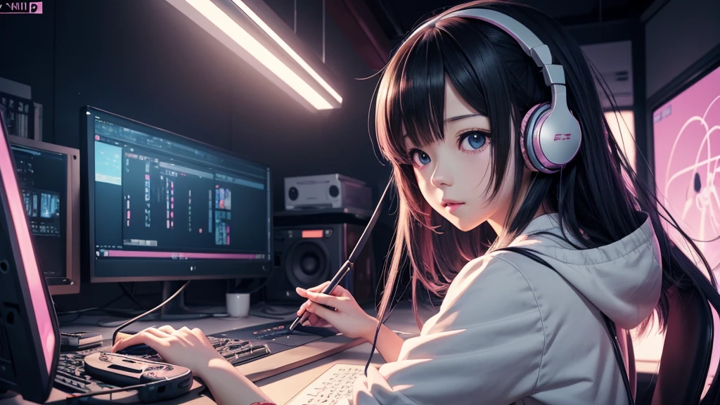 anime girl with headphones working on a computer at night, an anime drawing by Yang J, pixiv contest winner, analytical art, lofi girl, anime vibes, lofi artstyle, digital anime illustration, anime style 4 k, anime art wallpaper 4k, anime art wallpaper 4 k, lofi portrait, lofi art, anime lover, anime aesthetic