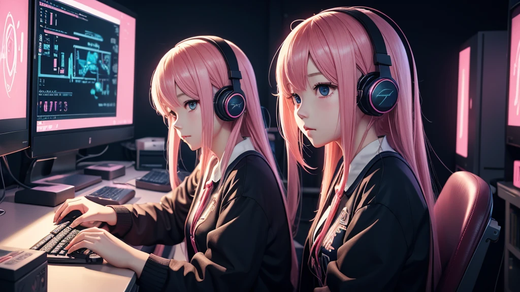 anime girl with headphones working on a computer at night, an anime drawing by Yang J, pixiv contest winner, analytical art, lofi girl, anime vibes, lofi artstyle, digital anime illustration, anime style 4 k, anime art wallpaper 4k, anime art wallpaper 4 k, lofi portrait, lofi art, anime lover, anime aesthetic