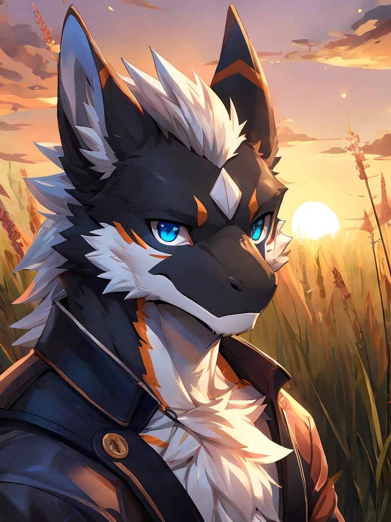 a majestic adult male black dragon with captivating blue eyes standing on a grassy field, a serene golden sunset, the dragon's face scarred and missing its left ear, its soft and luminous white fur radiating wisdom and handsomeness, extreme close-up focusing on the eyes, fur, and facial features, best quality, masterpiece, art by sollyz, zixiong, and null_ghost