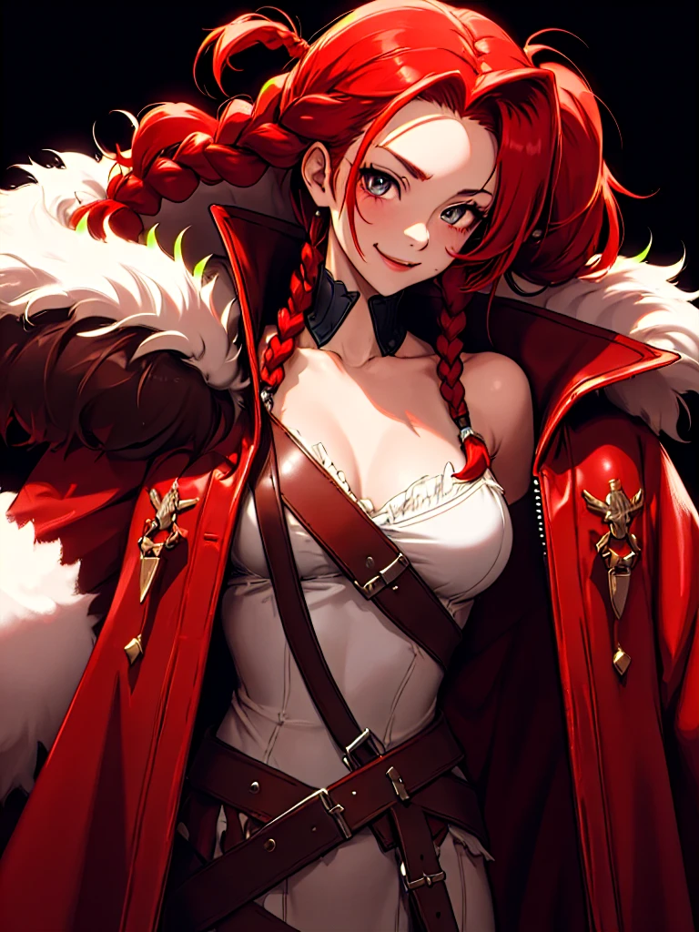 ((Portrait)), She has a Youthful Appearance with a Very and a Flat Chest, with a Cheerful Attitude and a Radiant Smile. Her Ruby-colored Eyes Shine Brightly. Her Hair is Very Messy, Intense Red, with Front Braids that Fall Over Her Shoulders. She Wears a Large Red Fur Hunter's Cape Coat with Fluffy Detached Sleeves, Adorned with Reinforced Leather, Portrait, HDR, ((Dark Background))