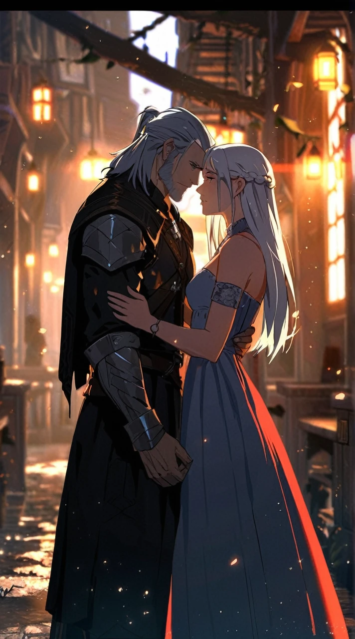 Create an image of a wizard couple in game anime style. The setting should be an old, dark tavern. The wizard must be tall, offwhite, Youngh, handsome and muscular. também deve ter cabelo offwhite e barba branca (similar to Geralt of Rivia). The witch must be brown with long black hair. The two must be looking at each other passionately and holding hands.. They must be holding some kind of magic stick or string.
