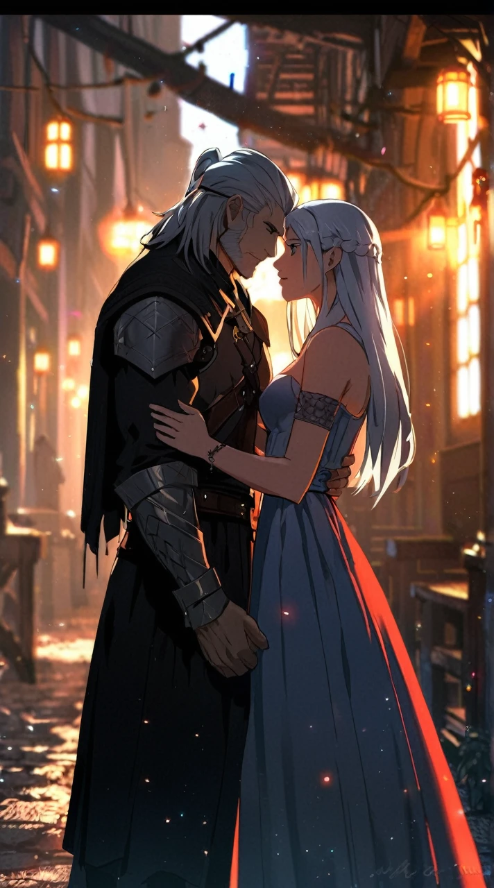 Create an image of a wizard couple in game anime style. The setting should be an old, dark tavern. The wizard must be tall, offwhite, Youngh, handsome and muscular. também deve ter cabelo offwhite e barba branca (similar to Geralt of Rivia). The witch must be brown with long black hair. The two must be looking at each other passionately and holding hands.. They must be holding some kind of magic stick or string.
