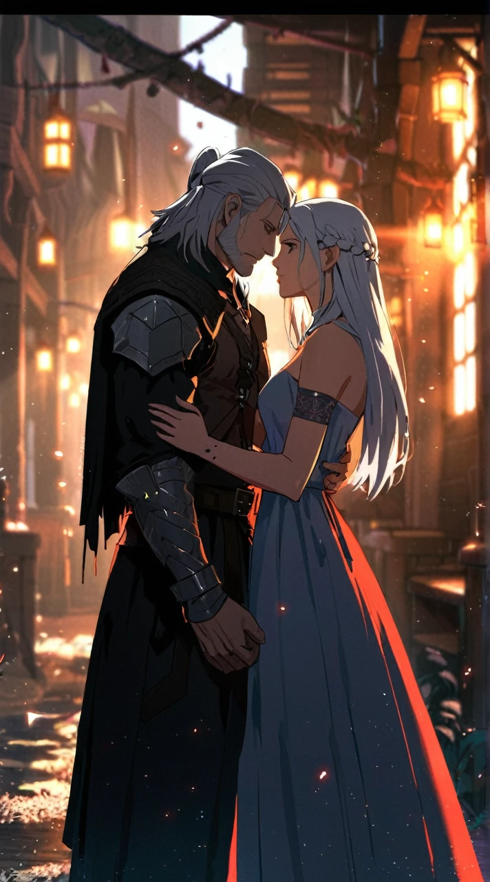 Create an image of a wizard couple in game anime style. The setting should be an old, dark tavern. The wizard must be tall, offwhite, Youngh, handsome and muscular. também deve ter cabelo offwhite e barba branca (similar to Geralt of Rivia). The witch must be brown with long black hair. The two must be looking at each other passionately and holding hands.. They must be holding some kind of magic stick or string.