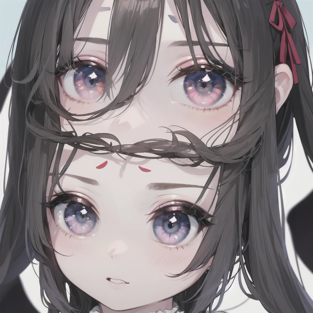 ((Highest quality)), ((masterpiece)), (detailed), Fine Lines, (Big eyes, Lower eyelid corners droop), (Long black hair), ribbon, Frills, Pastel feel, Face close-up, One girl,