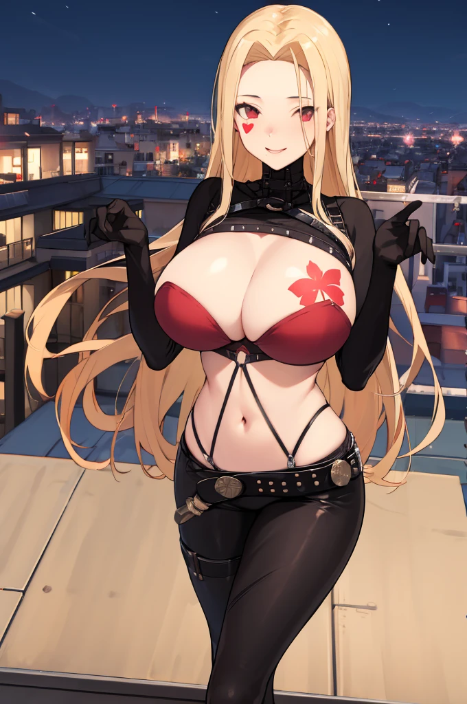 masterpiece, best quality, highres, aaluis, long hair, facial mark, mole under mouth, cleavage, breast tattoo, shrug (clothing), red bra, o-ring, long sleeves, black gloves, midriff, black belt, black pants, asymmetrical legwear, red thighhighs, smile, night, standing. cowboy shot, rooftop, city,huge breasts