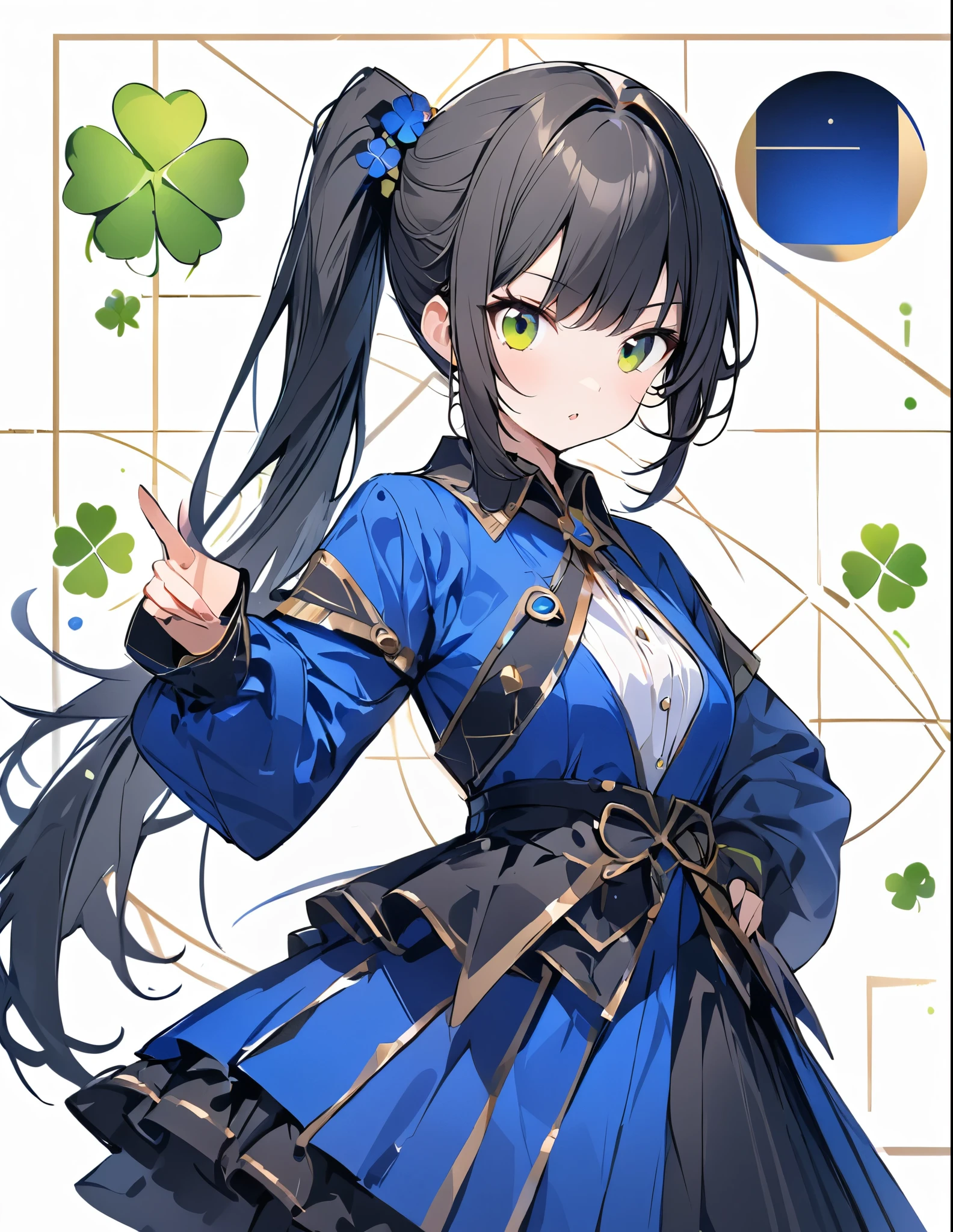 Golden Ratio,Very detailed、Very absurd、超High resolution, Attention to detail, high quality, High resolution, 最high quality, 4K, 8K,White background、(Clover on background margin)、Black Hair、ponytail、Strike a pose for the camera、Blue Costume