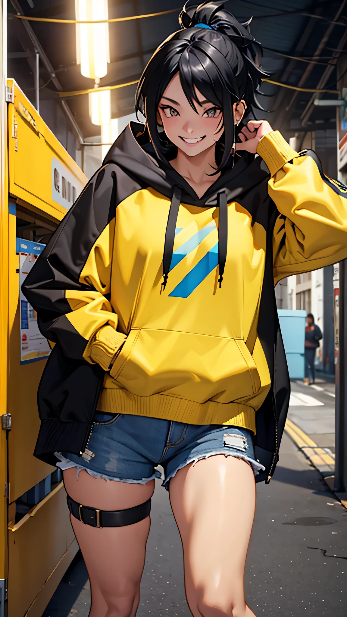 Layered Cut、Piercing in the right ear４t、hair inner color blue、Oversized hoodie、Shorts、girl、One person、Black Hair、Short ponyte、Gold mesh hair, grin, 8k, best quality, highres