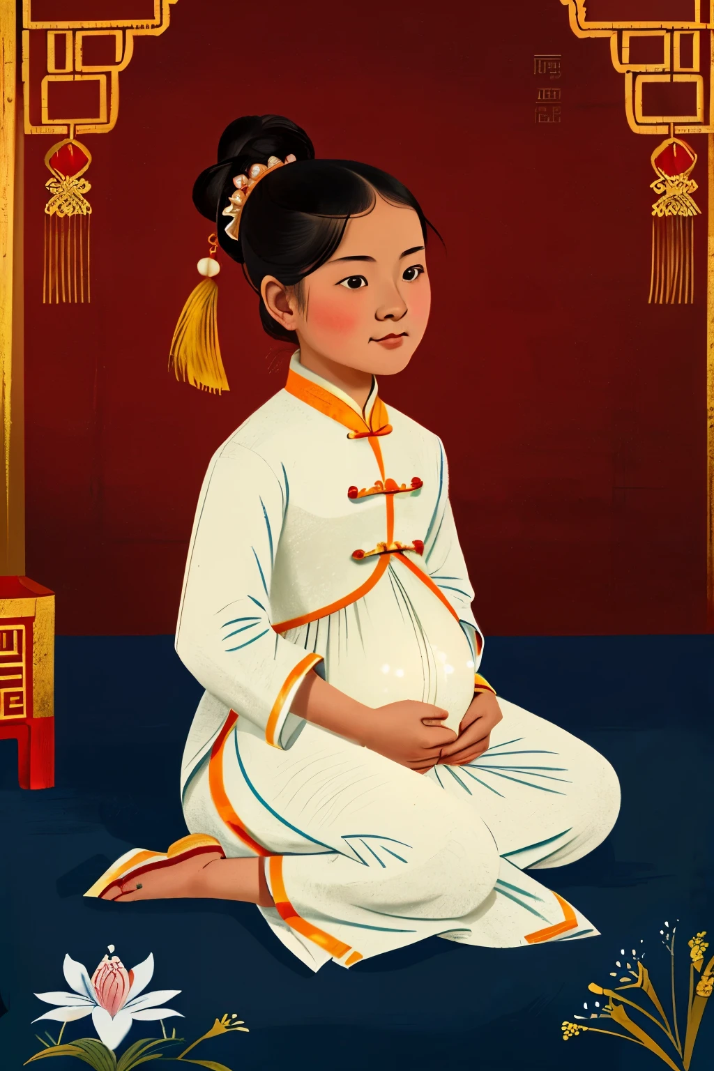 Puwei, China, 1841. A young ((((18-year-old)) SnowFlower)), asian girl, pale and beautiful, pregnant, happy, ((((chinese clothings from the 1840s)))), ((hairstyle of the 1840s)), ((colorful))