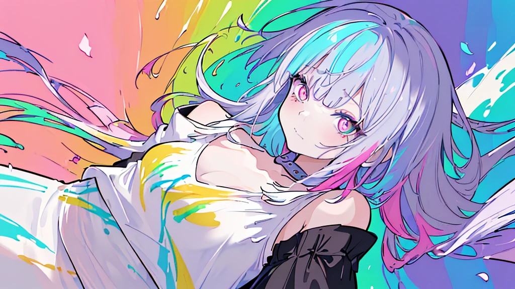(Pink Fashion T-Shirt:1.9),(colorfulな髪: 1.8), (All the colors of the rainbow: 1.8),(((((vertical painting:1.6))), (painting:1.6),front, comics, figures, paintings, Big eyes, Clear eyes,( Rainbow gradient high ponytail:1.7), Exquisite makeup, Mouth closed,(Small Fresh: 1.5),(Wipe the chest: 1.6) ,Long eyelashes, White off-the-shoulder T-shirt, White shoulder shirt,Looking at the audience, Big teary eyes, (Rainbow Hair:1.6), カラーsplash, (alone:1.8), カラーsplash, An explosion of colors, thick paint style, Messy Lines, ((The Shining)),(colorful), (colorful), (colorful), colorful, Thick paint Style, (splash) (Color splash), Vertical painting, Upper Body, paint splash, Acrylic Pigments, Slope, paint, Best image quality, Highest quality, masterpiece, alone, Depth of written boundary, Face paint, colorful clothes, (elegant: 1.2), nice,Long Hair, Wind, (elegant: 1.3), (petal: 1.4),(((masterpiece))),(((Highest quality))),((Super detailed)),(figure),(Dynamic Angle),((floating)),(paint),((Disheveled Hair)),(alone),(One girl) , (((Detailed anima face))),((Beautifully detailed face)),collar,Bare shoulders,Gray Hair, ((colorful hair)),((Striped Hair)),Beautiful attention to detail,(Slope color eyes),(((colorful eyes))),(((colorful background))),(((High saturation))),(((surrounded by colorful splashes))),
