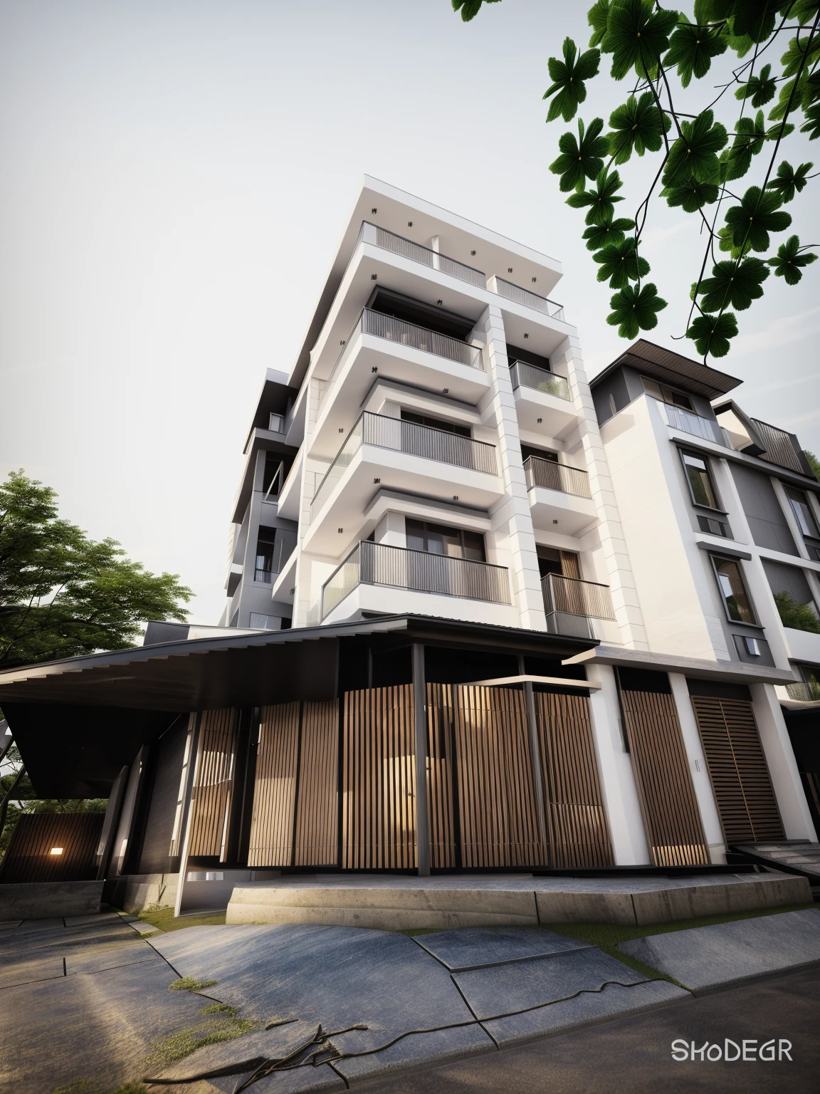 a view of a modern home with a large front yard, main material by glossy white wall and black stone and wood, 1 road runs in front of the house, (RAW photo, real, best quality, masterpiece:1.2), look morden minimalist, 1 road in front of the house, shime ring light, light brighteness from indoor:1.2, dynamic lighting:1.3, (hyper realistic, photo-realistic:1.2), high quality, day lighht, hight contrast :0.5 perfect lighting, archdaily, award winning contemporary, contemporary masterpiece, well-designed masterpiece, large modern residence, neotraditional modern, wide angle exterior 2022, midcentury modern, contemporary house, hip modern vibe, a long-shot from front, award winning modern design, stunning lines, residential, subtle detailing