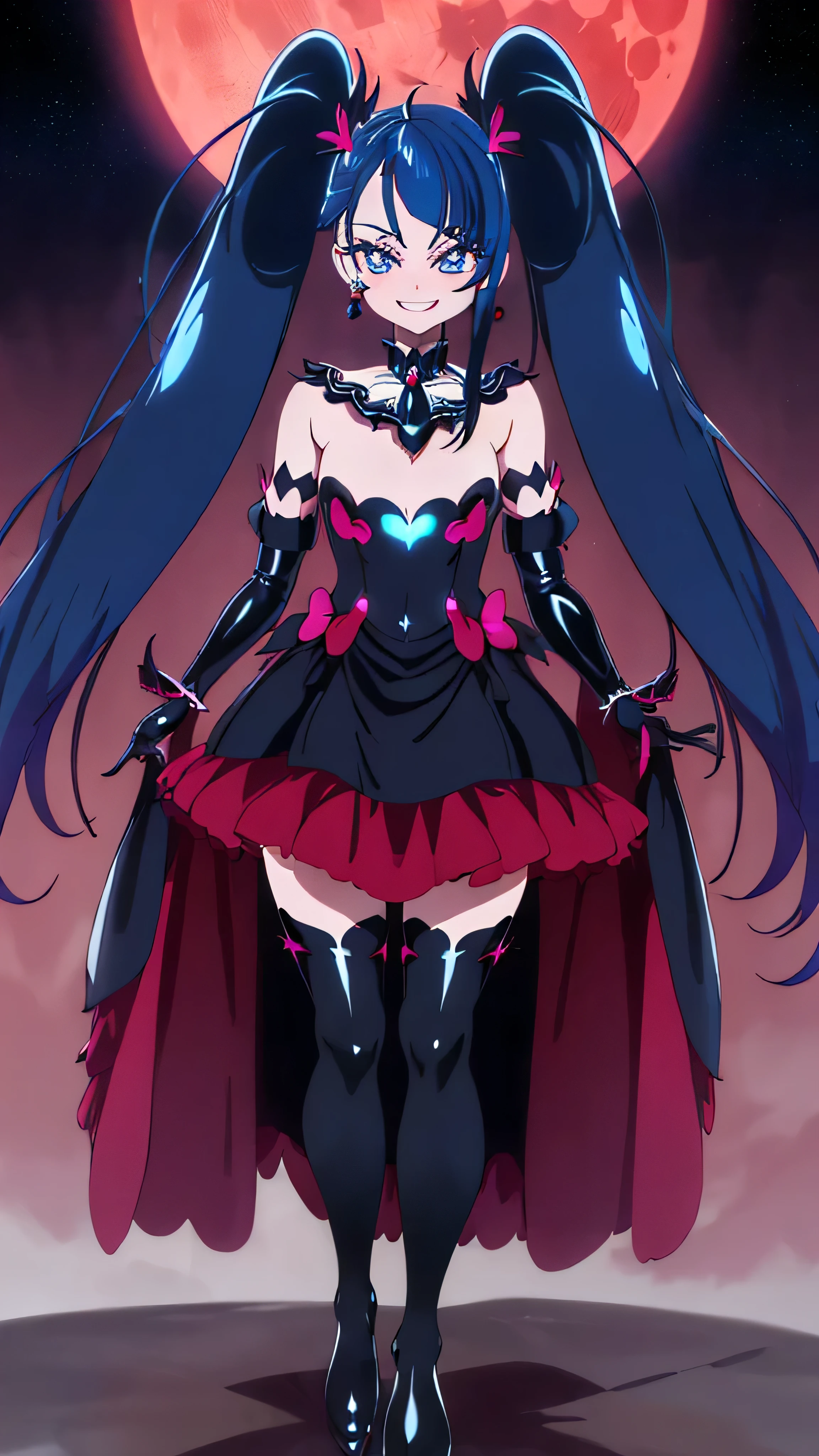 Highest quality, Super detailed,One girl, alone, {cure_null_hirogarunullprecure:1.15}, Dark blue hair, blue eyes, Blue flames in the eyes, Long Hair, Twin tails, Magical girl, bangs, Open your mouth, Redhead, multicoloRedhead, One girl, blunt bangs, Darken your clothes, hair ornaments, Wicked Smile, devilish aura (Shiny fabric:1.5), Full Body Shot, Purple Gemstone, Fascinating, blush, (Beautiful attention to detail:1.6), Highly detailed face, Perfect lighting, Highly detailed CG, (Perfect hands, Perfect Anatomy), devil, Red and black color scheme, Shiny material, Grin, Black Ribbon, Black satin gloves, Evil clover leaf ornament, Black ruffles, jewelry, corruption, Latex gloss, Black Gothic Cloak, Wicked Smile, Dark world background, Red Moon, cloudy null, CG Style, One-sided black wing,deep shaded face,ic smile,Malice,contempt,laugh at,two hands,two legs,five fingers,
