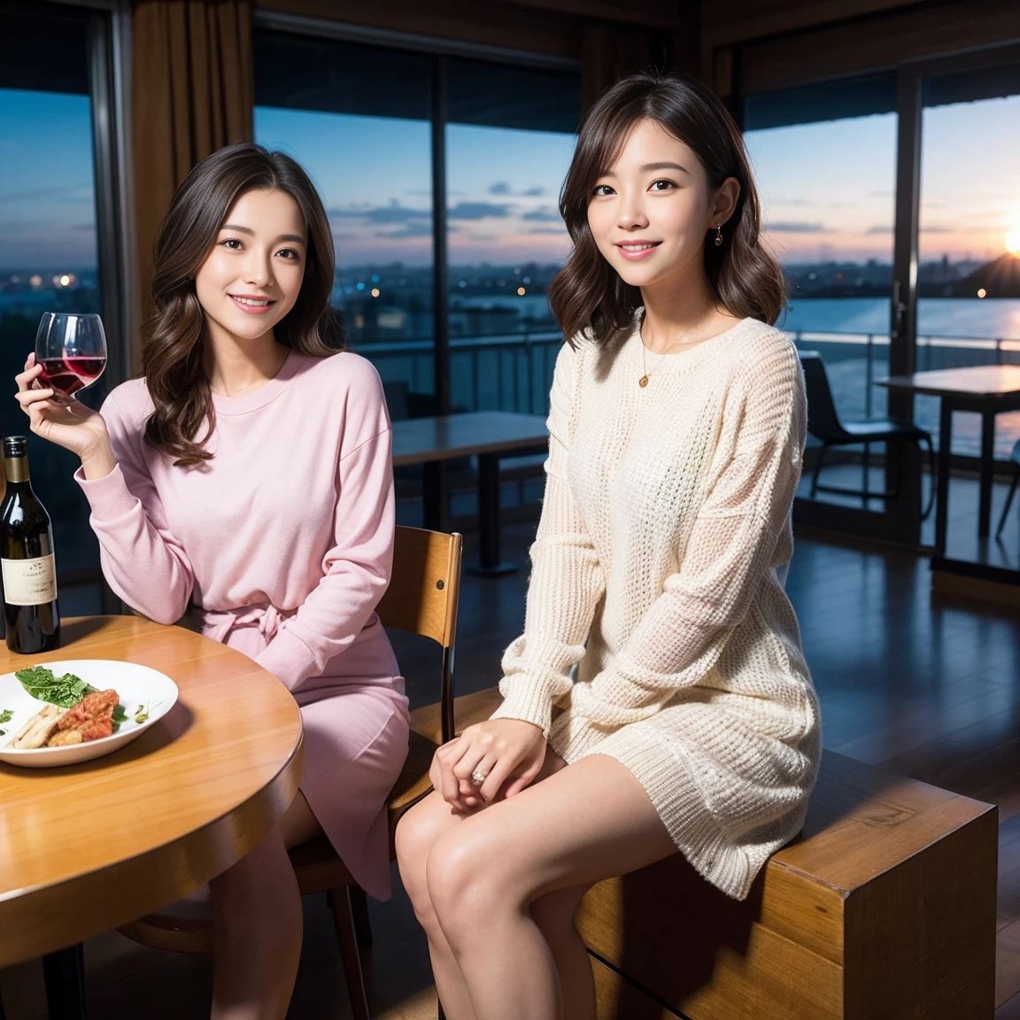 ((Highest quality、8K、masterpiece:1.3))、1 male 1 female、 years old、Slim Beauty、Pink Couple、smile、 (Slim face), (the body is スリム), (Brown Hair), (Shortcuts), テーブルのフルコースディナーとwine glass、Amazing view of the sunset sky and clouds、smileの美しさ、Wine bottle、sparkling wine、Long sleeve shirt、dress、White wine, red wine, wine glass,