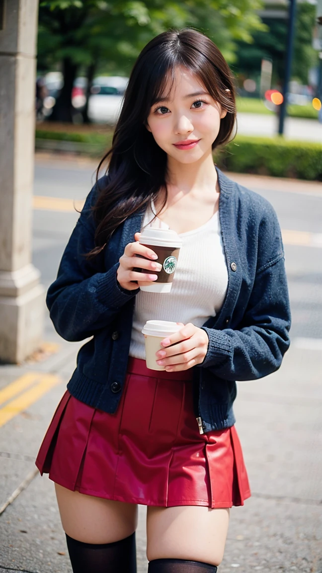 Highest quality,4K,8K,High resolution,Tabletop:1.2),Super detailed,(Realistic,Photorealisticです,Photorealistic:1.37),Beautiful and delicate blue eyes,long black hair in a high bun,detailed red veil,Sharp focus,Professional,Vibrant colors Beautiful woman close-up portrait, like, smile, bright black hair, Perfect dynamic composition, Beautiful and attentive eyes, Like a fashion magazine cover, On campus,holding a starbucks coffee in hand、White knitted clothing、skirt、Black Stockings、I can't see your face。In the back。