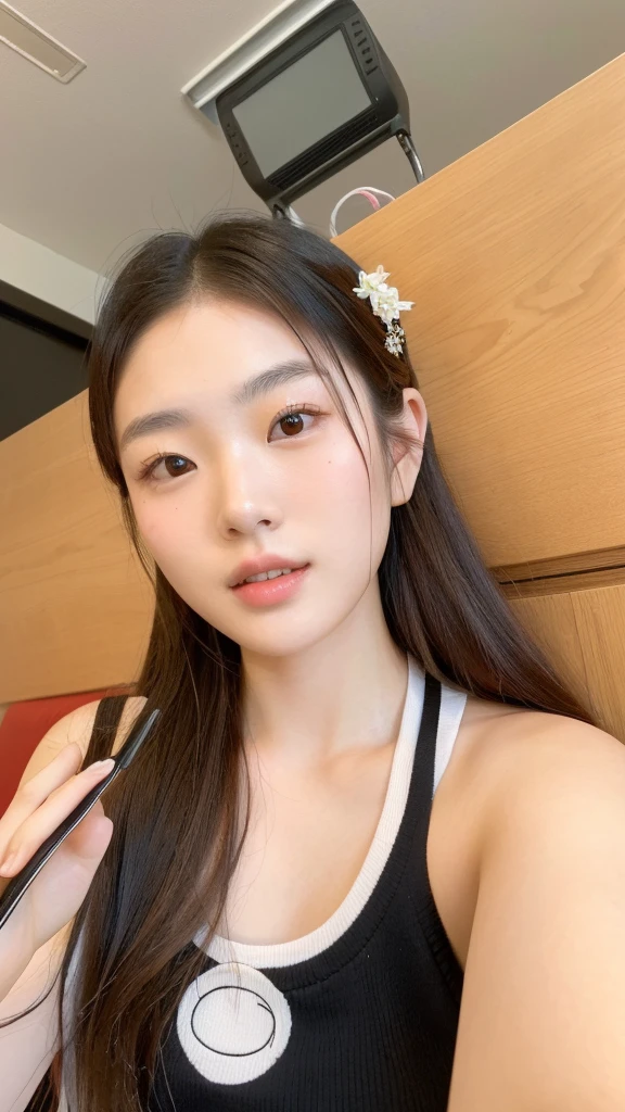 there is a woman that is sitting down with a cell phone, Yoshitomo Nara, young cute wan asian face 20 years old