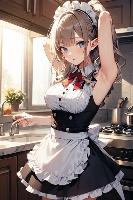A maid, (in kitchen), various hair styles, night, details face, short skirt, seducing, sleeveless, maid uniform, armpits, elf