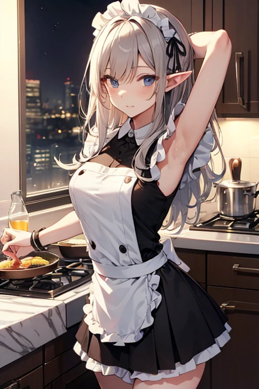 A maid, (in kitchen), various hair styles, night, details face, short skirt, seducing, sleeveless, maid uniform, armpits, elf