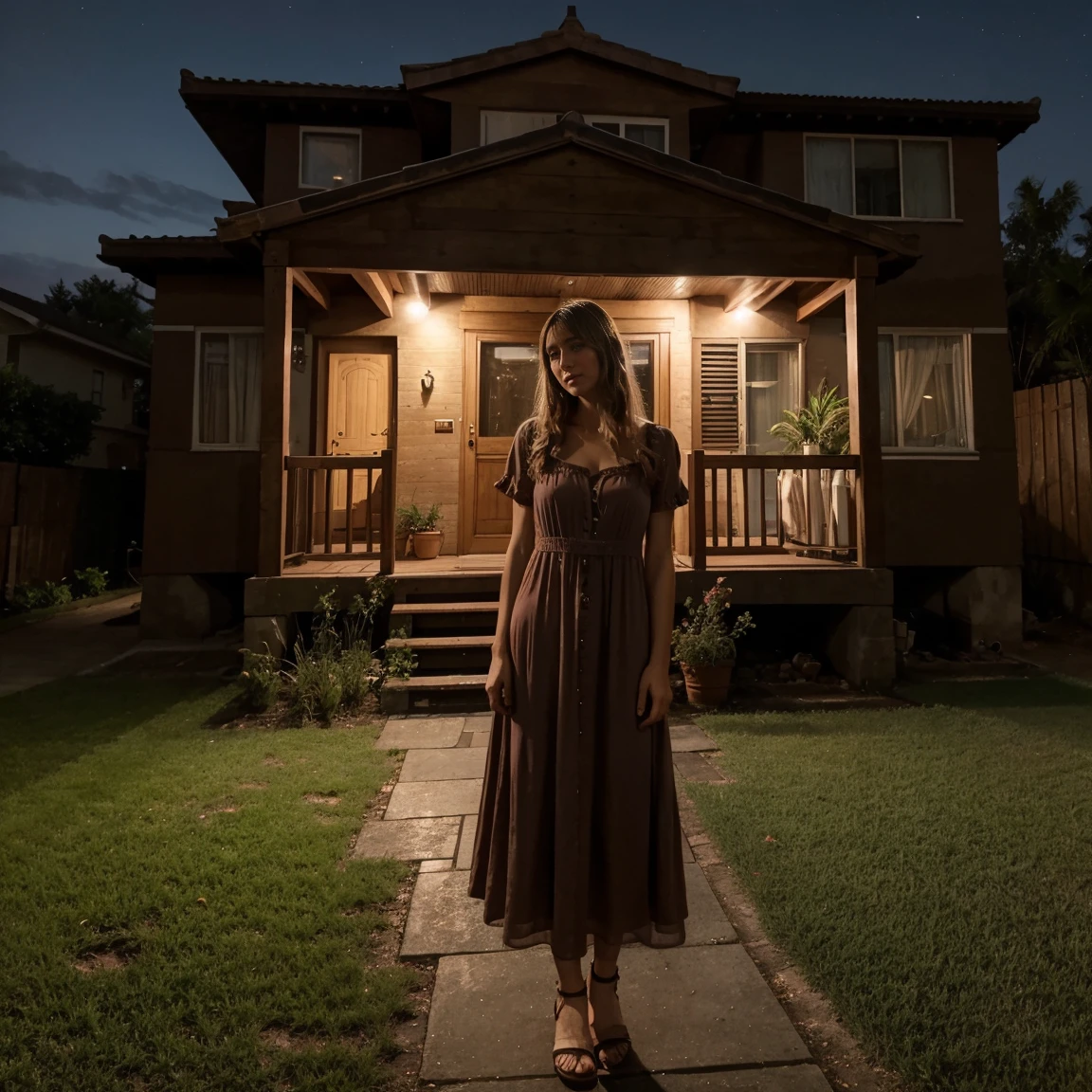 Lucie in front of house at night, a large chest, in dress, shy
