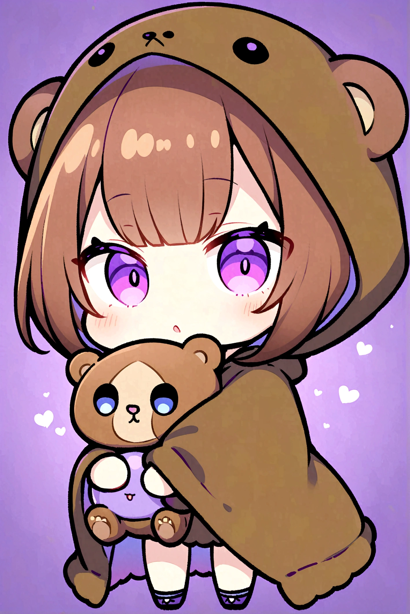 Brown Hair、Wearing a dark brown bear hood、Bangs、Bangs Style、茶髪ロングのChibi Character、Wearing a dark brown bear ear hooded blanket、Purple Eyes、Purple ta background、Chibi Character、Holding a teddy bear