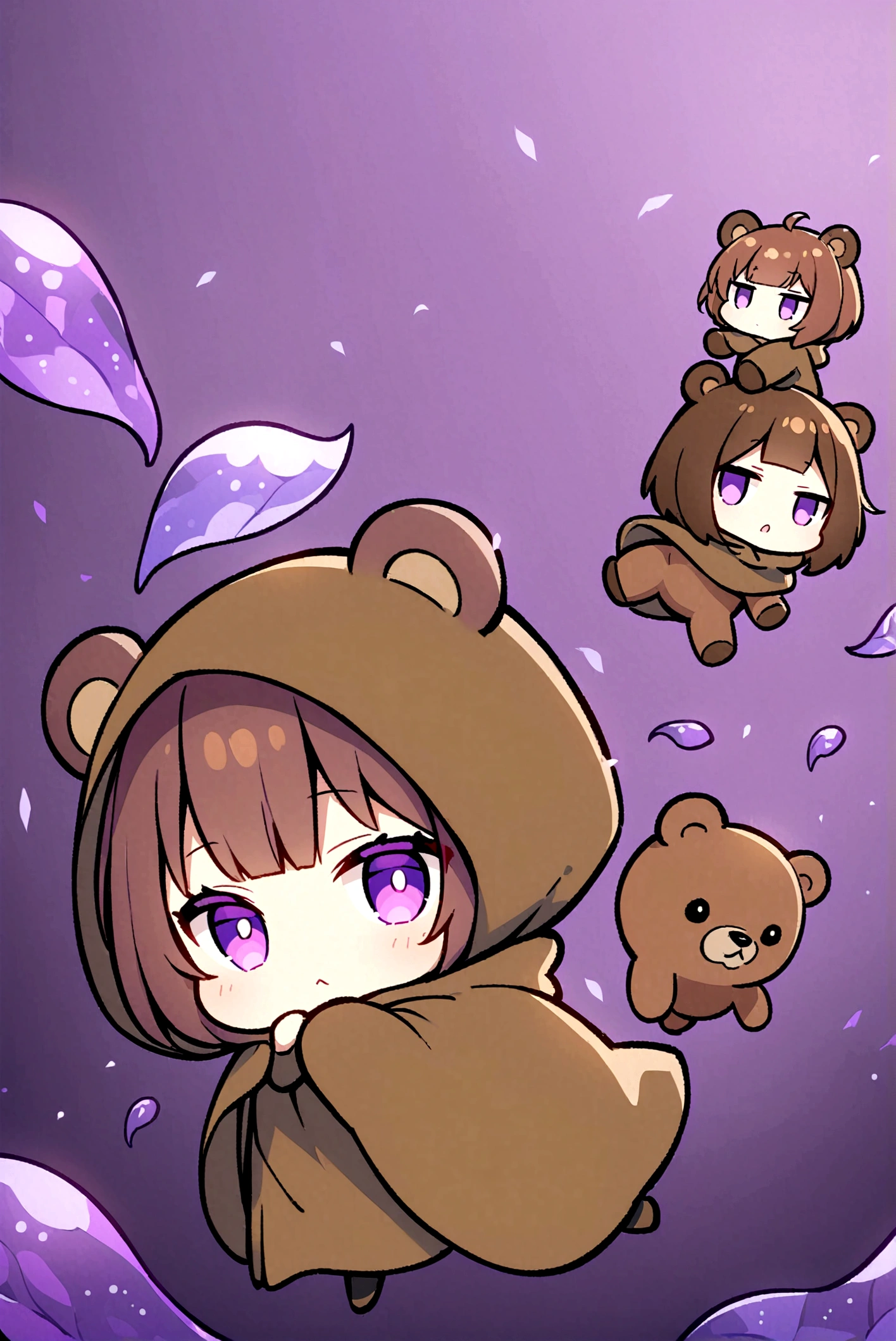 Brown Hair、Wearing a dark brown bear hood、Bangs、Bangs Style、茶髪ロングのChibi Character、Wearing a dark brown bear ear hooded blanket、Purple Eyes、Purple betta background、Chibi Character、Holding a teddy bear