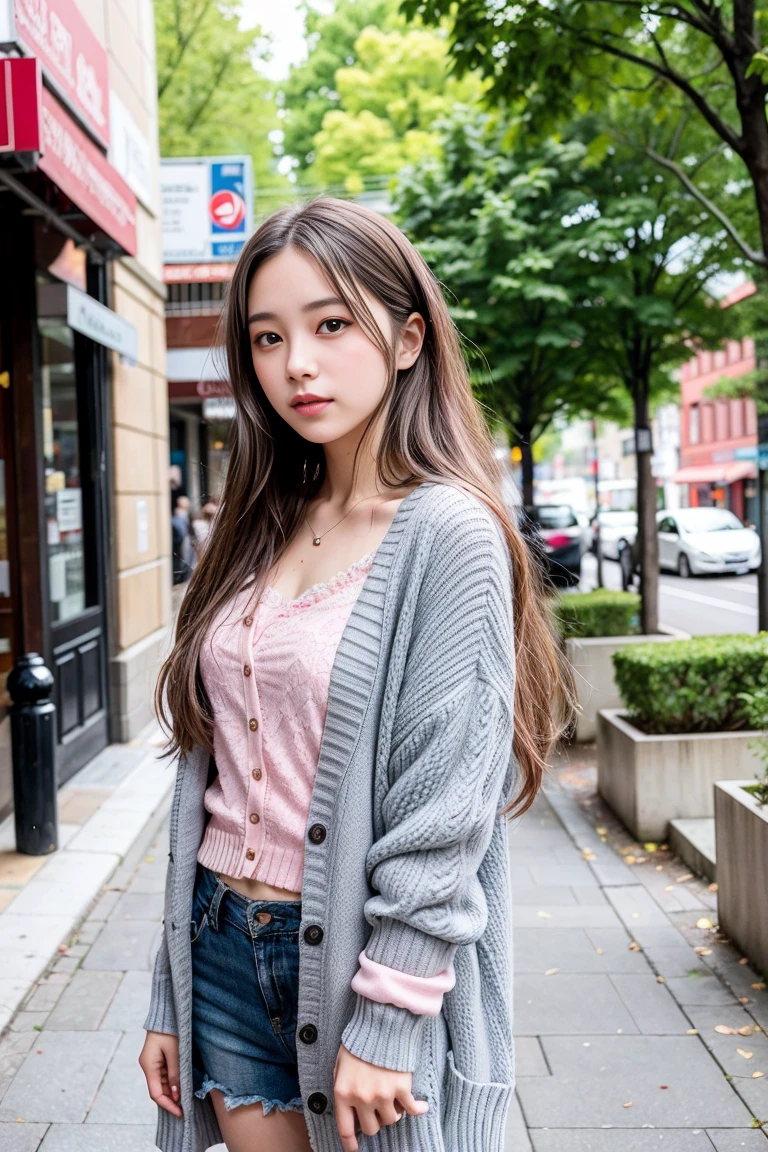 Create a photo of a young lady posing in a city street, dressed in pink lace underwear and a gray cardigan. Her long hair falls naturally as she looks directly at the camera. The street is lined with buildings and has a few trees, indicating it's a bustling urban area.