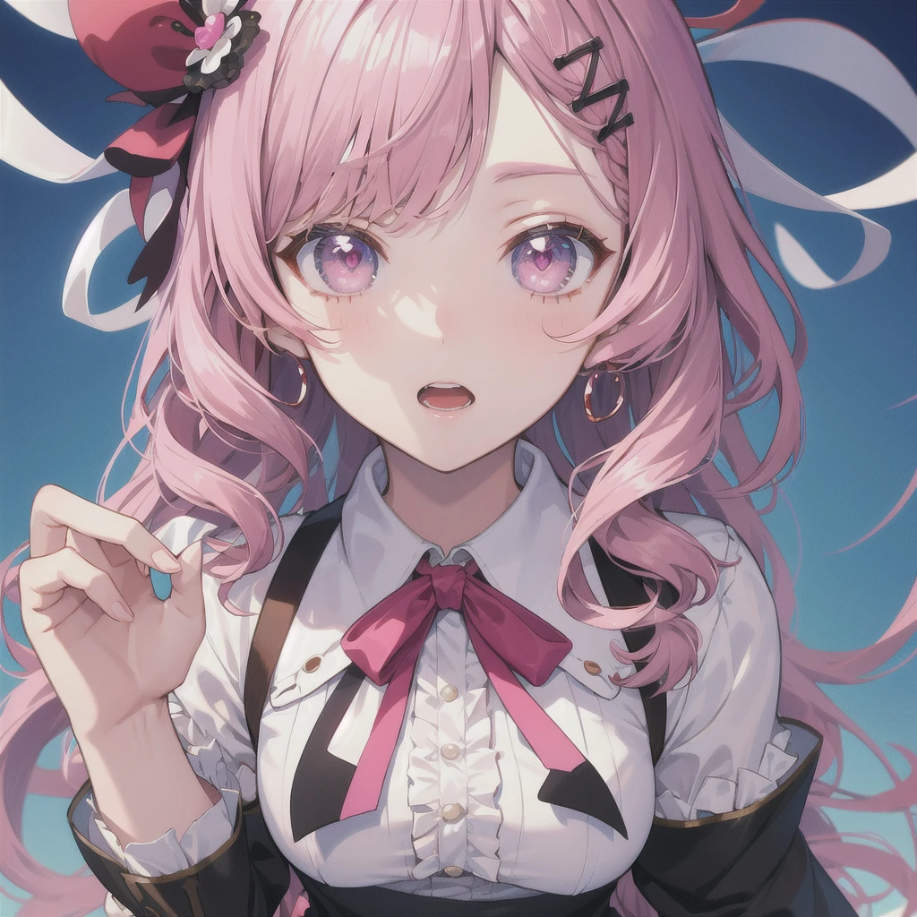 masterpiece, best quality, extremely detailed, anime, girl, skirt close up face, girl, longhair, curly hair, pink hair,  idol, girl, ribbon, frill,