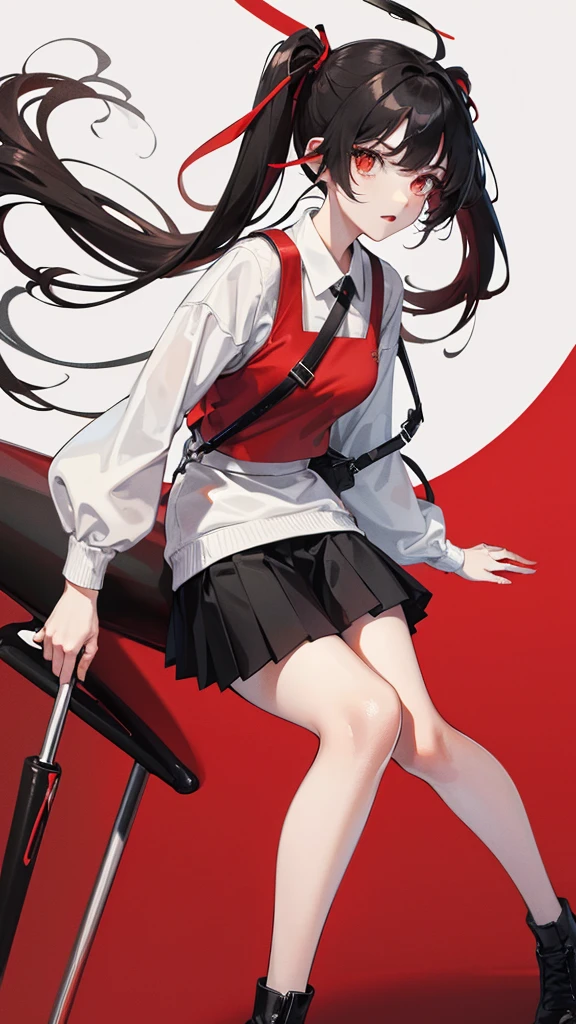 Girl in shorts (pleated yoke skirt), clothes red and black, Twin-Tail hair white and red, in a beautiful background. Full length 2D wallpaper.