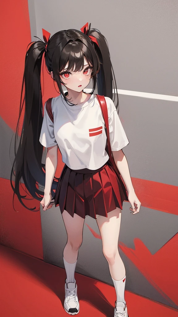 Girl in shorts (pleated yoke skirt), clothes red and black, Twin-Tail hair white and red, in a beautiful background. Full length 2D wallpaper.