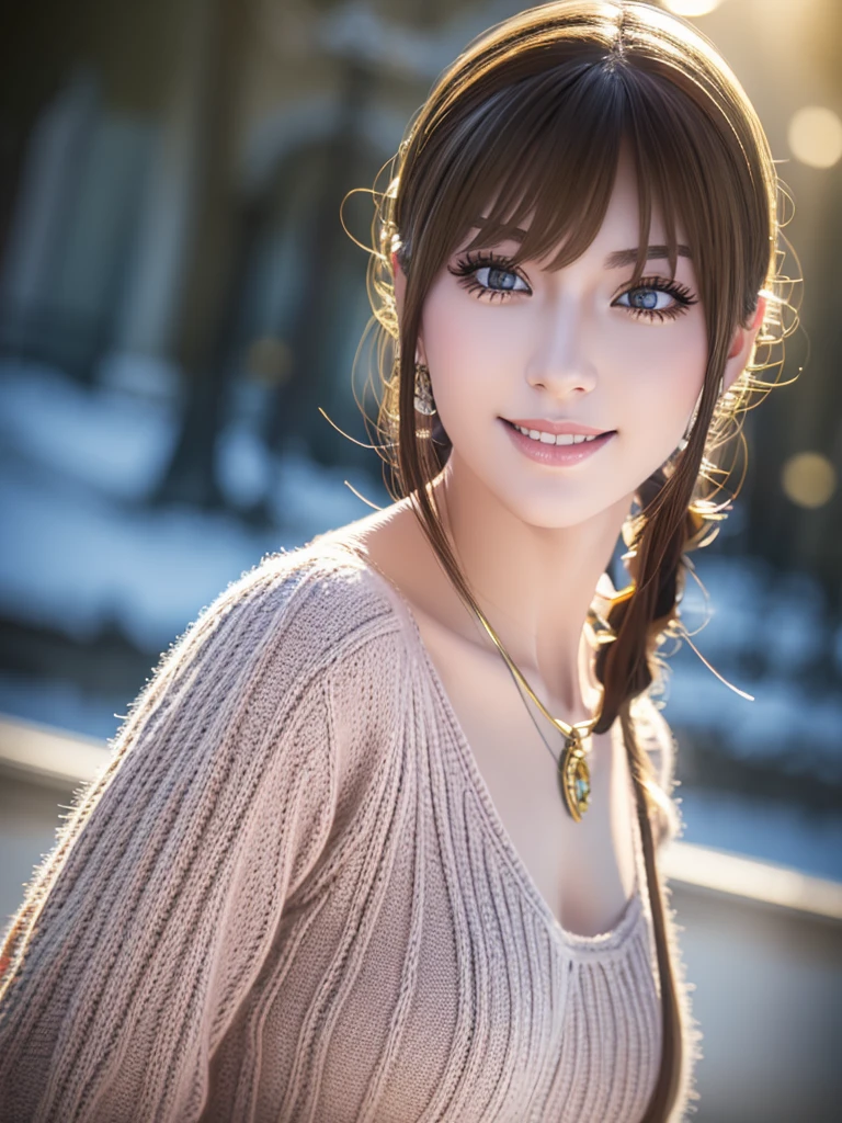 a beautiful young russian woman, detailed face, ((high quality)), photorealistic, stunning eyes, long eyelashes, flawless skin, light brown hair, tight waist, necklace, active posing, long hairstyle, vivid colors, masterpiece, best quality, confident expression, ultra-detailed, (realistic:1.37), 8K, HDR, studio lighting, physically-based rendering, professional, vivid colors, bokeh, beautiful figure, gorgeous lips, fantasy snowy landscape、Large knitted clothing、smile