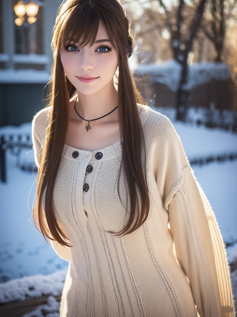 a beautiful young russian woman, detailed face, ((high quality)), photorealistic, stunning eyes, long eyelashes, flawless skin, light brown hair, tight waist, necklace, active posing, long hairstyle, vivid colors, masterpiece, best quality, confident expression, ultra-detailed, (realistic:1.37), 8K, HDR, studio lighting, physically-based rendering, professional, vivid colors, bokeh, beautiful figure, gorgeous lips, fantasy snowy landscape、Large knitted clothing、smile