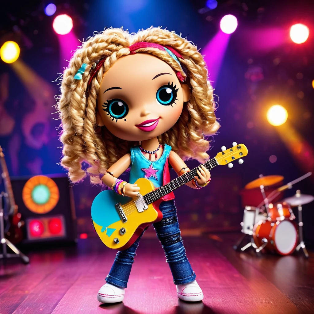 (knitted toy voodoo doll:1.7), (voodoo Hannah Montana from Hannah Montana:1.4), (Clothing: sparkly pop star outfit with sequins, trendy jeans:1.0), (Accessories: microphone, small guitar:1.1), (background: concert stage with bright lights, musical notes floating in the air, and enthusiastic audience:1.2), best quality, masterpiece, detailed soft oil painting, detailed background, dramatic cinematic lighting, soft edge lighting, professional, dramatic lighting, hard edge lighting, ultra quality, 4k, masterpiece, best quality, 8k, ultra high definition, high resolution, extremely detailed
