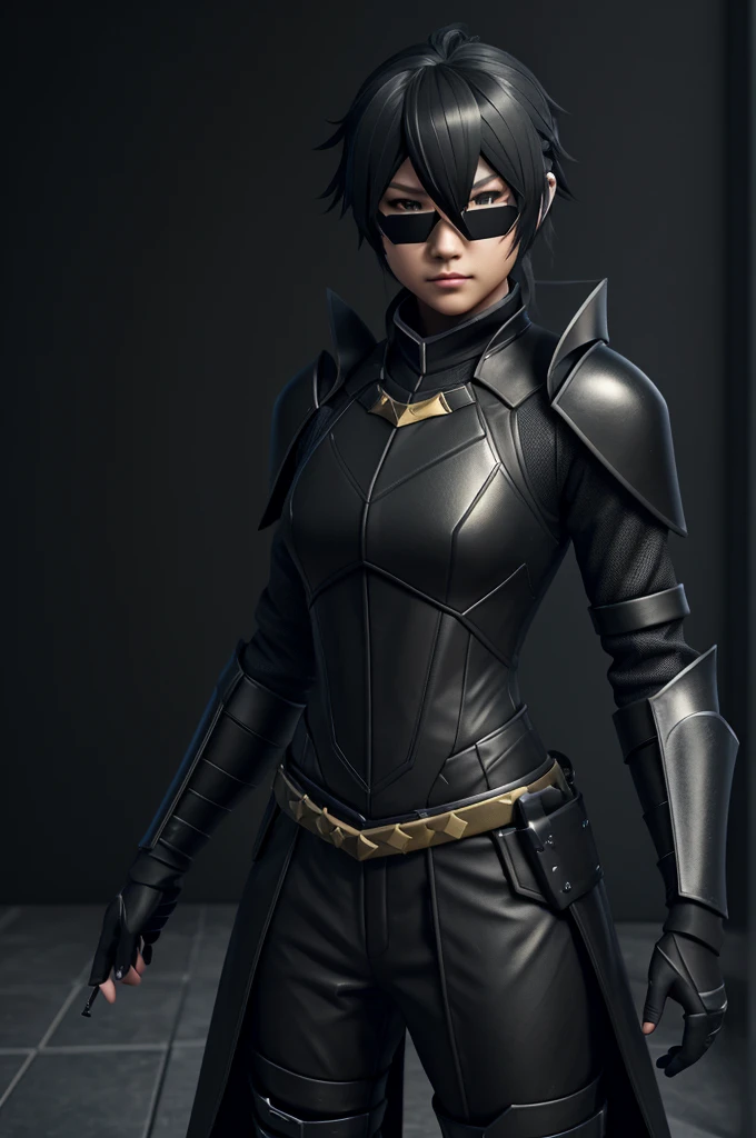 someone is playing with the game on their iphone, a low poly render inspired by Okumura Masanobu, tumblr, vanitas, gilded black uniform, roblox avatar, in a dark space mercenary outfit, black armored uniform, jk uniform, pitch black skin, streamlined matte black armor, dark suit, in black uniform, black shiny armor