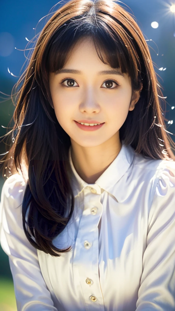 sweet smile、night、original photography、(((ultimate beauty portrait)))、((skin sparkling))、1 girl、 15 year old beautiful girl、bright expression、((Dark brown hair))、(split)、 (white blouse: 1.4), tight leather pants,(red lips:2.0), The face is super delicate,bare thighs,((Big eyes sparkling like gems))、Skin glows、(rapunzel goddess)、(silk headband)、(Permanently installed)、(from below)、Eyeliner、Beautiful bangs、hair between eyes、((Masterpiece、top quality、super detailed、warm contricate details、high resolution、Very detailed))、background of the matter、digital monocular、soft light、high quality、film grain、Fuji XT3 、See deeply、natural soft light、Kamimei、plump bust,big breasts,protruding breasts