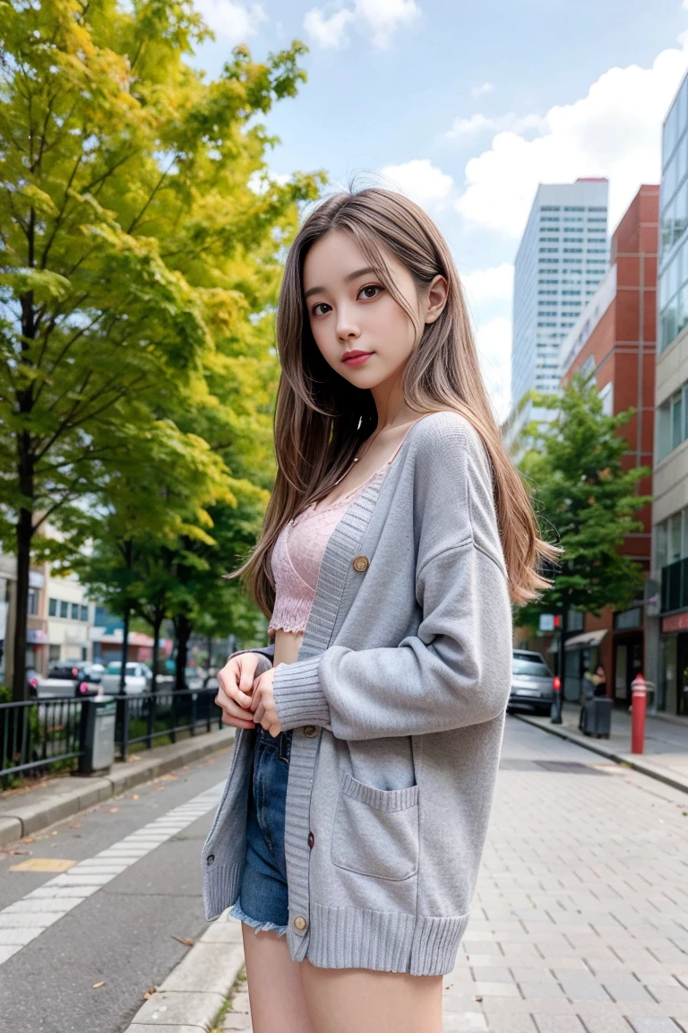 Design a picture of a young woman standing on an urban street, wearing pink lace bra and panties, complemented by a gray cardigan. She has long straight hair, and the cityscape around her includes buildings, trees, and a few street signs