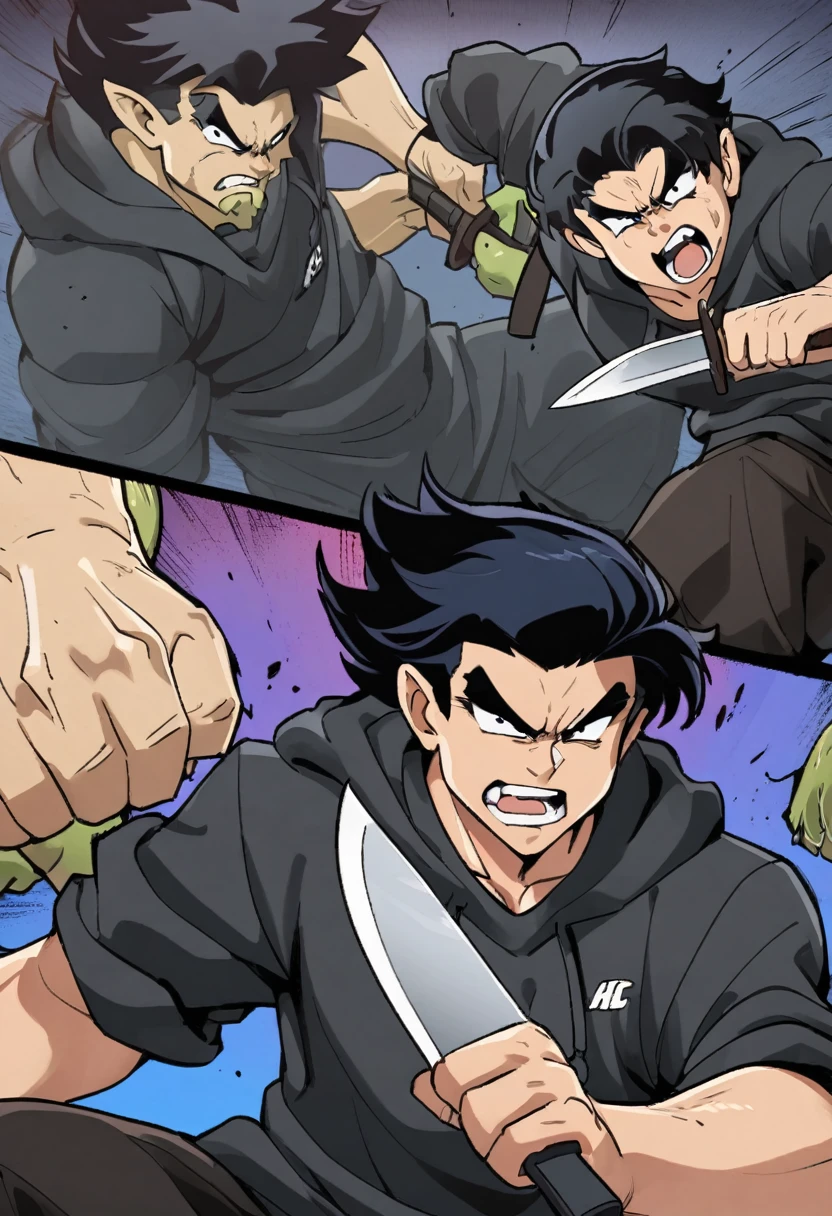 a young man with blue and black hair and wearing a black hoodie is emitting dark blue aura as he is holding a knife in front of a orc action poses. Manhwa style.