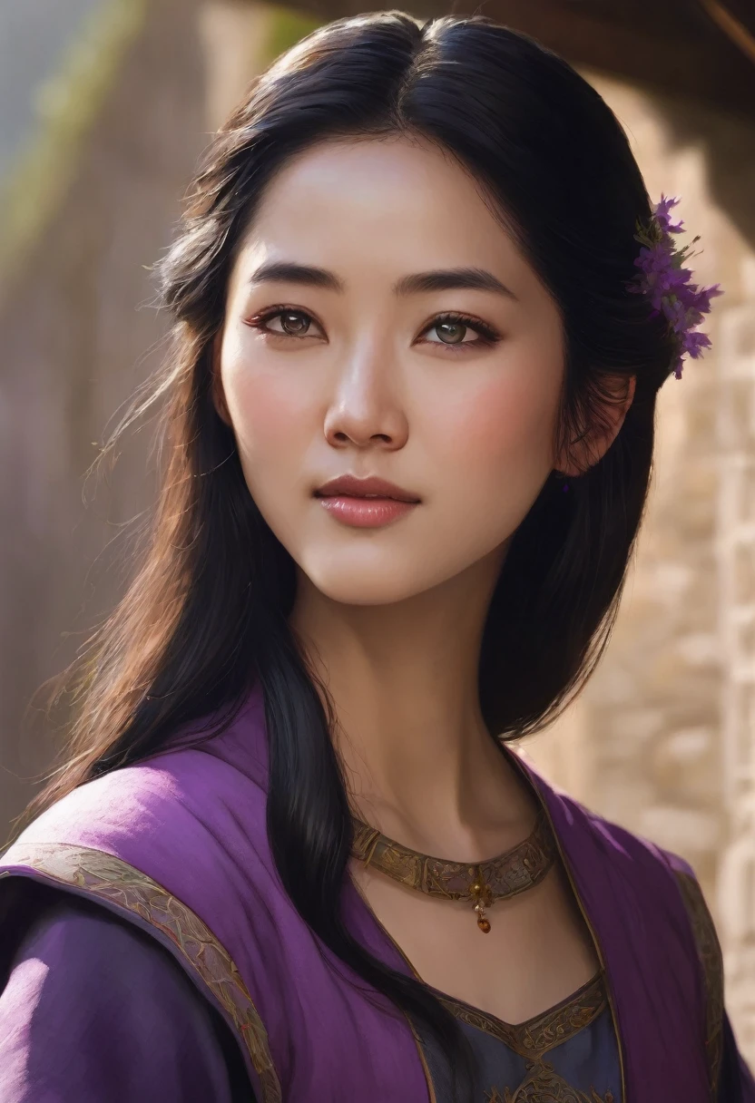 Woman with Asian features/ black hair/ notable purple eyes/ with a small gentle smile/ mole near your left eye/ normal medieval dress.