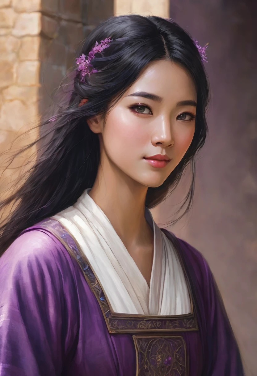 Woman with Asian features/ black hair/ notable purple eyes/ with a small gentle smile/ mole near your left eye/ normal medieval dress.