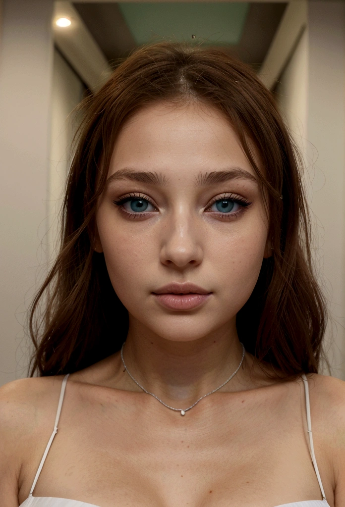 femme arafée avec un bikini blanc et un collier, fille sexy aux yeux verts, portrait sophie mudd, cheveux bruns et grands yeux, selfie d&#39;une jeune femme, yeux de la chambre d'hotel, violette myers, sans maquillage, maquillage naturel, regarder directement la caméra, visage avec artgram, maquillage subtil, Superbe photo de tout le corps, yeux verts perçants
