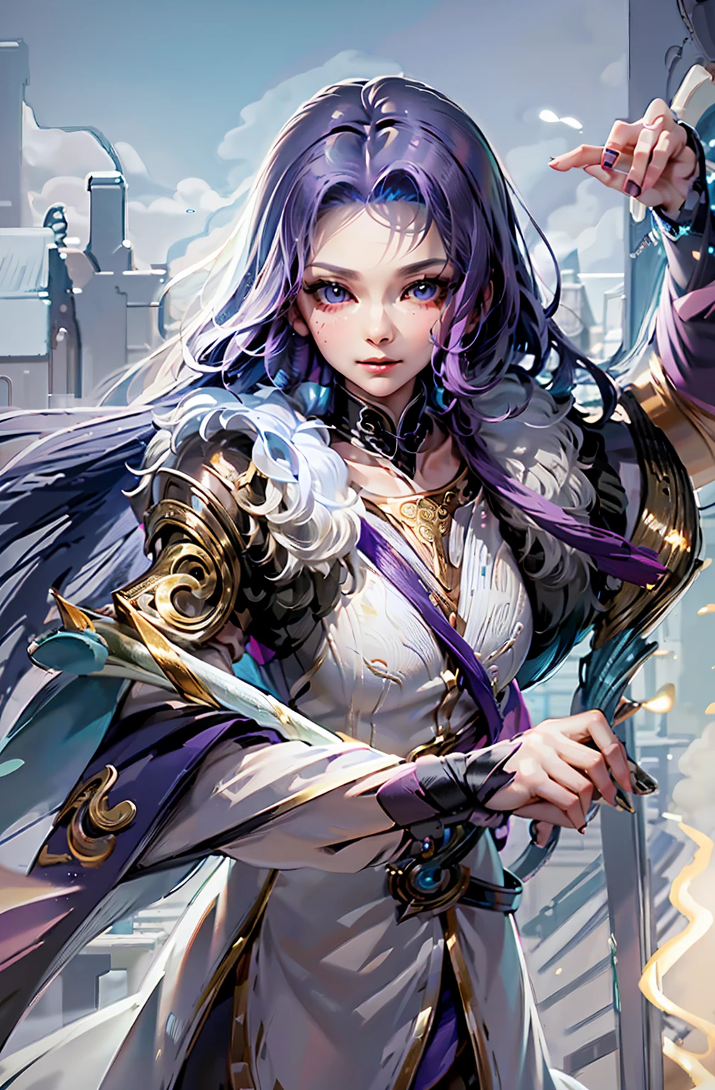 (detailed background), masterpiece, best quality, Mobile_Legends_Alice, blunt_bangs, thigh_highs, pink_eyes,
 (Realistic painting style:0.9), masterpiece, ((Best quality)), absurdres, looking at viewer, no pupils,(( detailed eyes)), alternate costume, 1girl, , golden eyes, solo,white hair , black hair, multicolor hair, bow, purple bow, shirt, white shirt, looking at viewer, bangs, skirt, blue eyes, bowtie, multicolored hair, long hair, frills,
blush,collared shirt, black bowtie, hair bow, standing, black skirt, bow-shaped hair, blunt bangs, smile, sidelocks, blue bow, shirt tucked in, sleeves rolled up, center frills, gradient hair, dress shirt, light particles, blue hair, big breasts ,twintail, gothic clothing, gothic dress, mini skirt, outdoor, castle, cloud, multicolor clothing, gothic apron, garden flower,  cute face, wielding a katana, gothic lolita, 