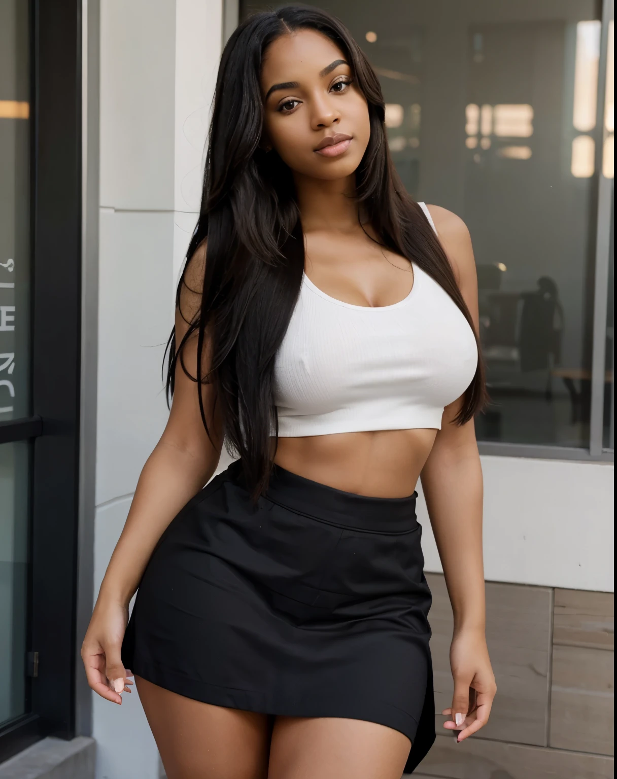 Mixed black ethnicity, curvy girl, long straight hair, sexy short skirt, sexy top, sexy pose, revealing clothes