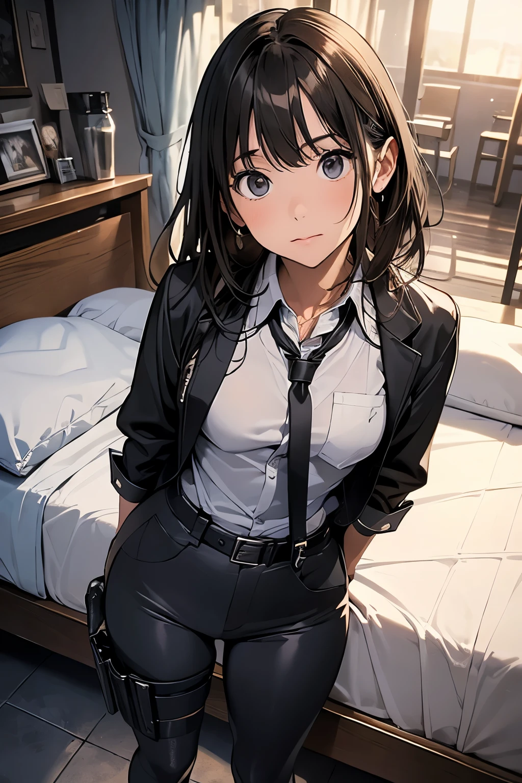 Highest quality, masterpiece, Ultra-high resolution, (realism: 1.4), Oil painting style, Cinema Lighting, An endless grassland dotted with a few houses, I stood on the empty asphalt road and looked at it., Fairy Mountain々was shrouded in mist, And the suspenders with the cranes flying Moderate breasts Small face holster Beautiful woman Lying in bed Looking up Sweat belt summer 脇Sweat Black Hole Gloves suit shirt Black jacket Black trousers Leg Links ズボンにbelt holster Nipples showing through clothes, caught Both hands above the head Hands behind your back mask