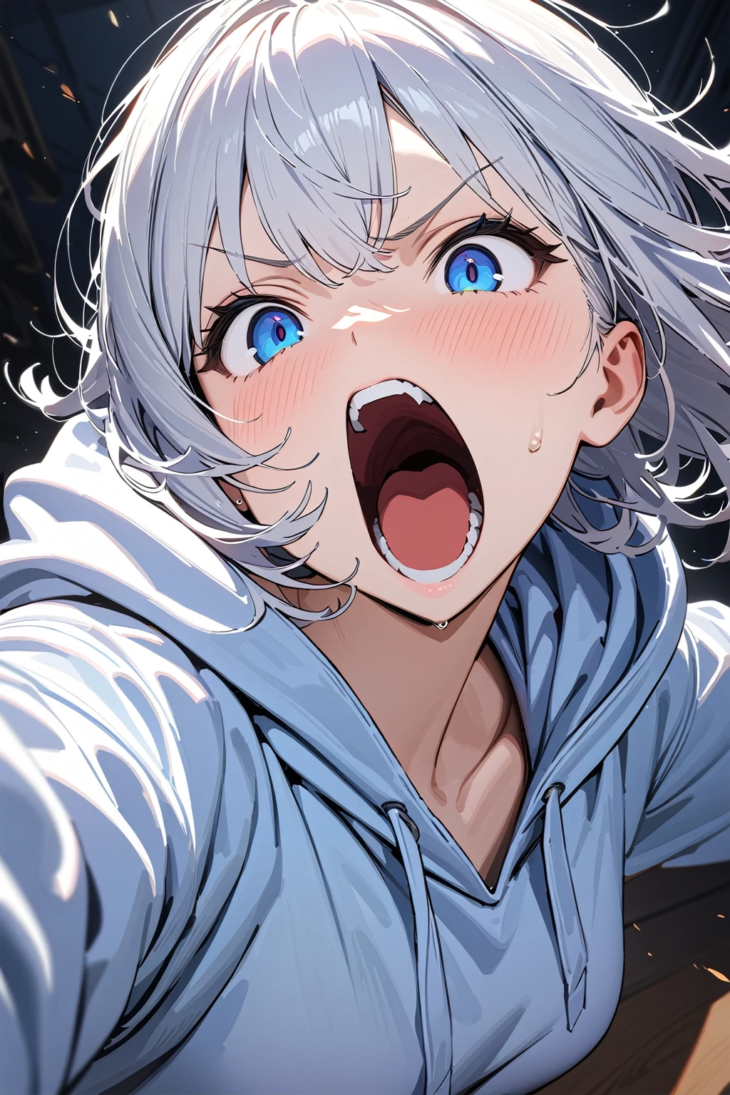 (masterpiece, best quality:1.5), (ultra detailed, high resolution, 8k, beautiful detailed, UHD, best anatomy), white hair, very flat breasts, 1 cool girl, yelling loudly, open one's mouth wide, oversize hoodie, Background with cracks, vitreous