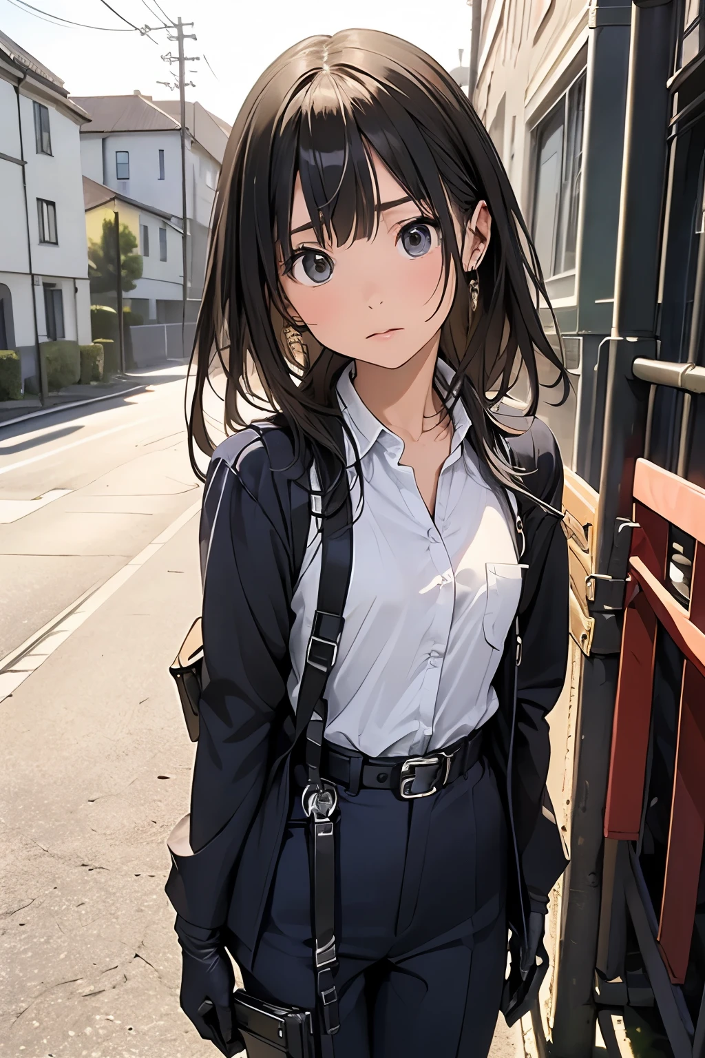 Highest quality, masterpiece, Ultra-high resolution, (realism: 1.4), Oil painting style, Cinema Lighting, An endless grassland dotted with a few houses, I stood on the empty asphalt road and looked at it., Fairy Mountain々was shrouded in mist, And the suspenders with the cranes flying　　　Moderate breasts　 　 　　　　Small face　 　　　holster　　　Beautiful woman　　　　 Lying in bed　Looking up　　　　Sweat 　　　belt　summer　脇Sweat 　Black Hole Gloves　suit　shirt　　Black jacket　 Black trousers　Leg Links　ズボンにbelt　　holster　Nipples showing through clothes, caught　Both hands above the head　Hands behind your back　mask