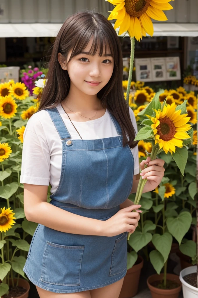 A 20-year-old girl working at a flower shop(Wearing a miniskirt and apron)have a sunflower