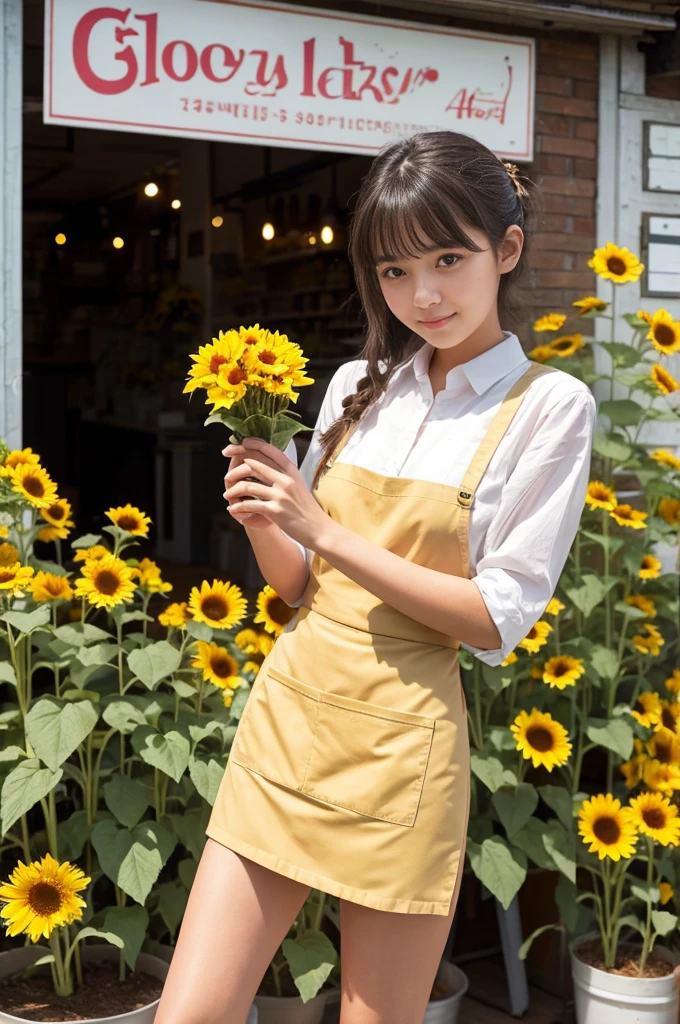 A 20-year-old girl working at a flower shop(Wearing a miniskirt and apron)have a sunflower