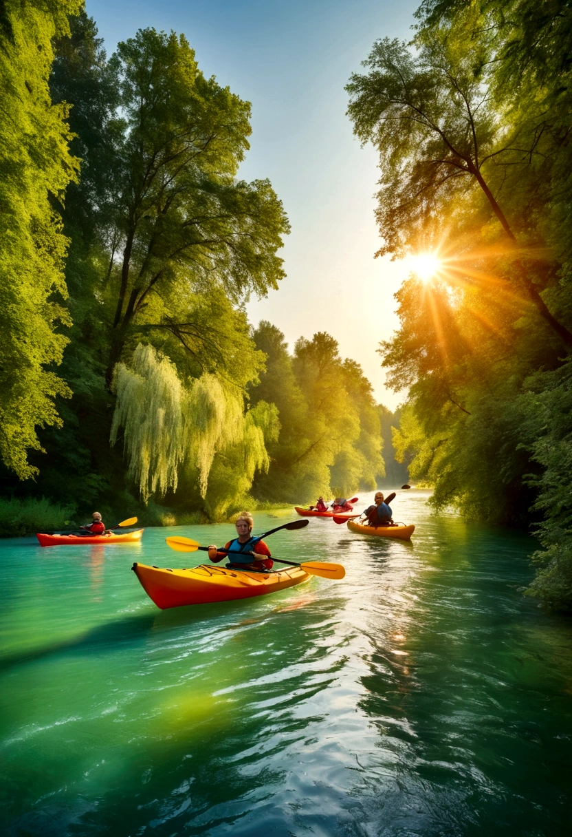 picturesque river or lake, crystal clear water, surrounded by green trees and blue sky, sunset or sunrise, warm colors, group of people in kayaks, smiling faces, enjoying the water ride, kayaks in different colors, bright and dynamic