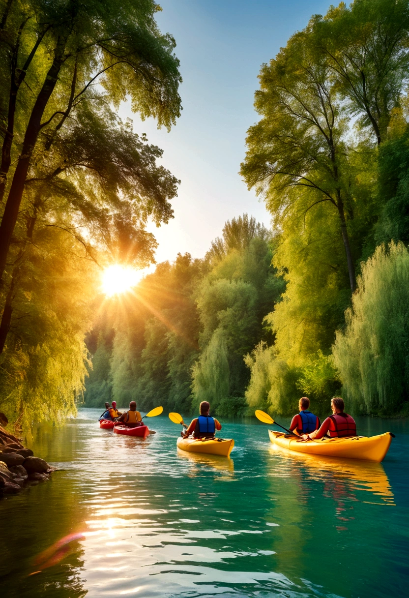 picturesque river or lake, crystal clear water, surrounded by green trees and blue sky, sunset or sunrise, warm colors, group of people in kayaks, smiling faces, enjoying the water ride, kayaks in different colors, bright and dynamic